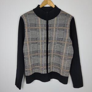 Pendleton Womens Houndstooth Merino Wool Jacket Sz M Petite Full Zip Black White